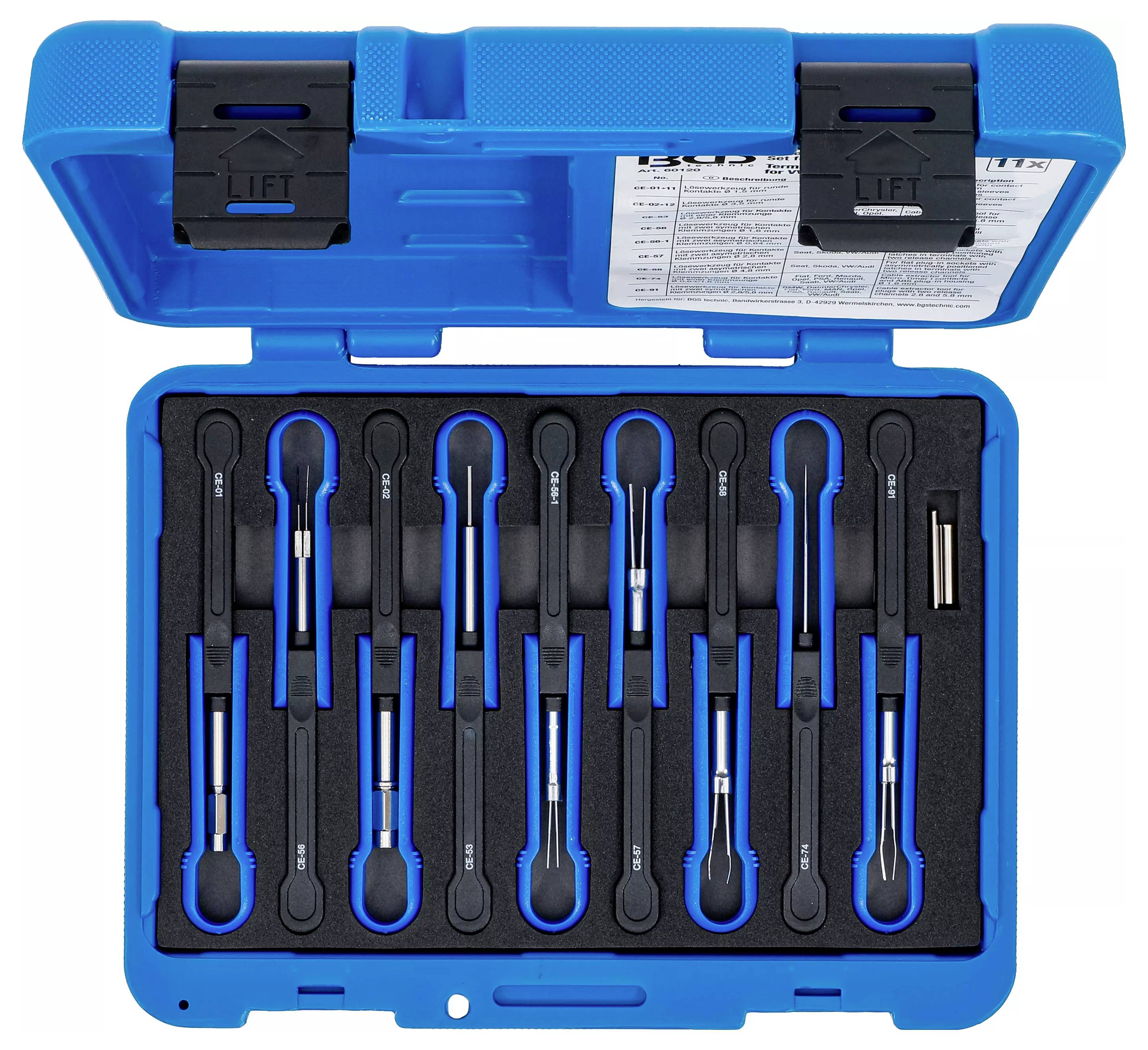 Ein blauer Koffer mit einem Satz Präzisionswerkzeugen mit schwarzen Griffen, ordentlich in Schlitzen angeordnet, wird für mechanische oder technische Arbeiten verwendet.