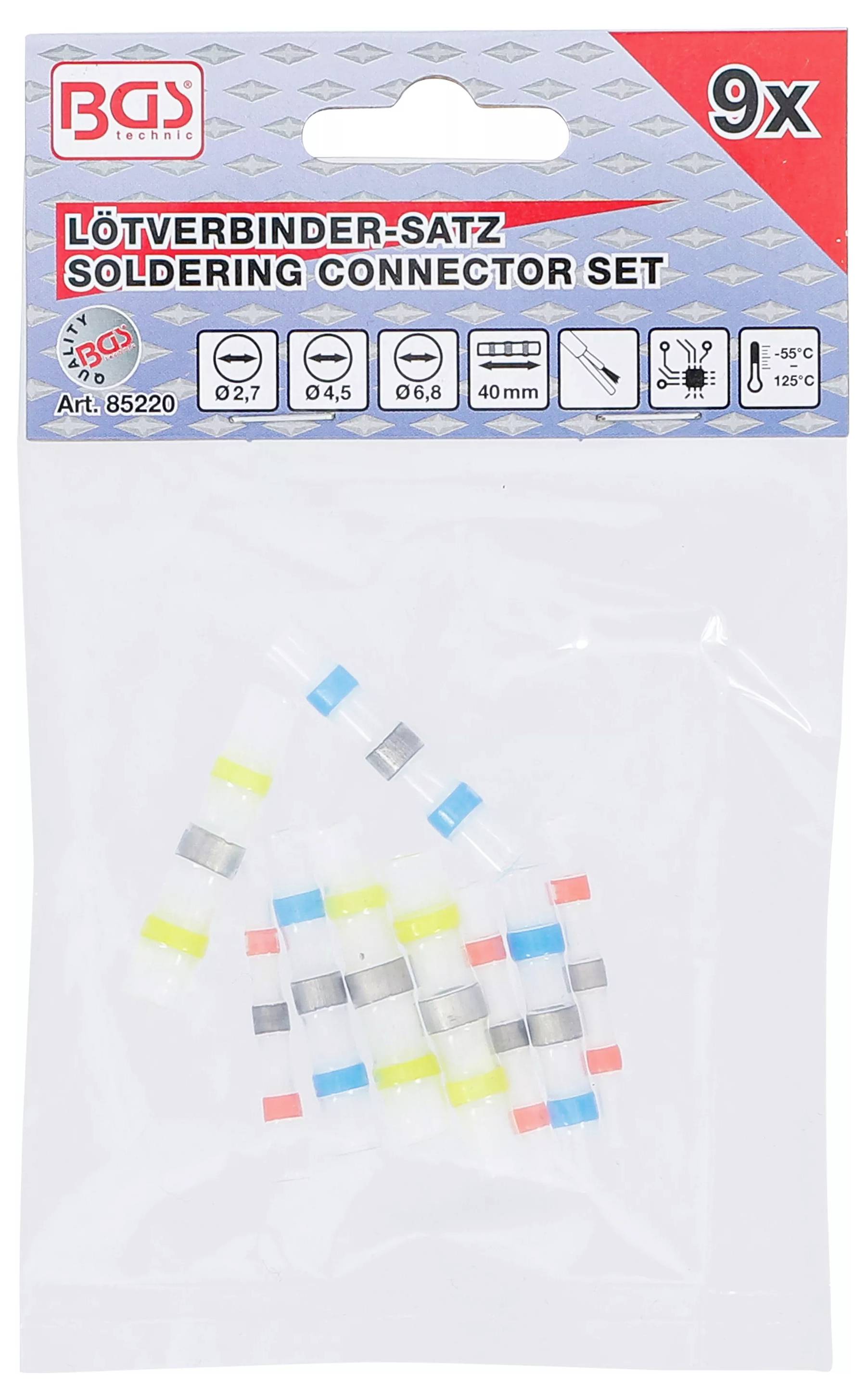 „9er-Set Lötverbinder" Packung mit verschiedenfarbigen Verbindern sichtbar. Enthält Symbole, die Verwendungsdetails und technische Spezifikationen zeigen.