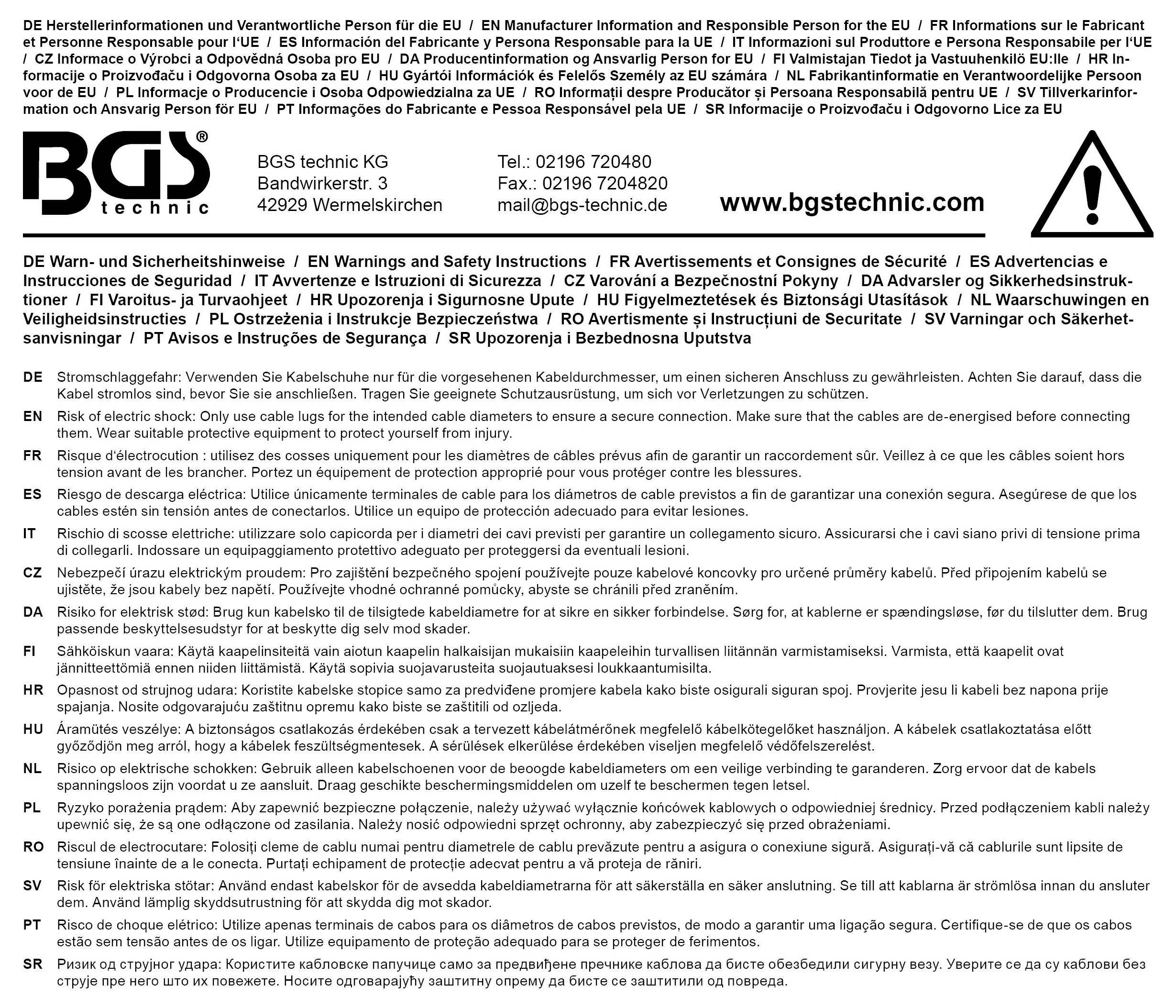 # Warnungs- und Sicherheitsanweisungen in mehreren Sprachen. Enthält Kontaktdaten des Herstellers und des EU-Vertreters.
