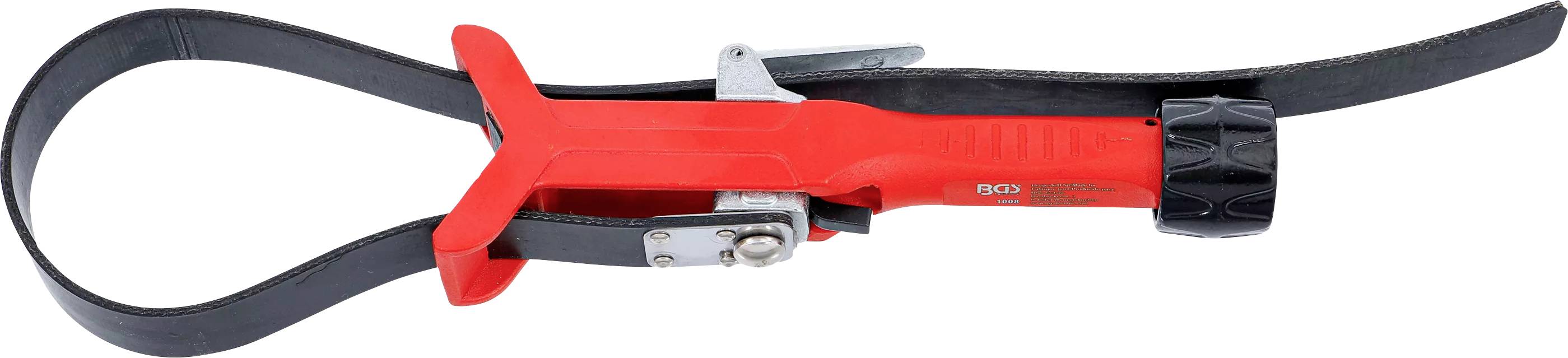 Ein roter Ölfilter-Schlüssel mit Gummiband, wird zum Greifen und Drehen von zylindrischen Objekten wie Ölfiltern bei Wartungsarbeiten verwendet.