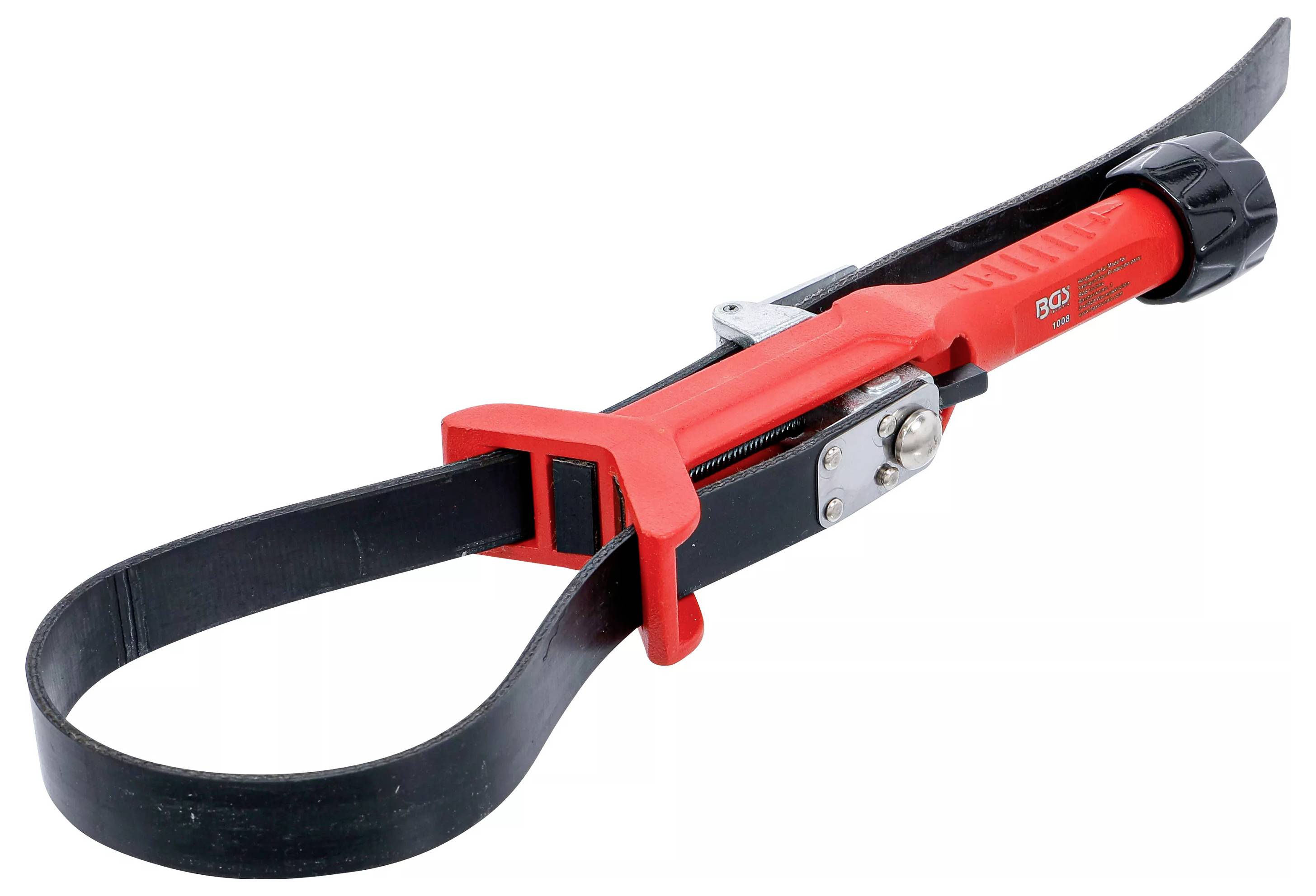 Ein rot-schwarzer Ölfilter-Schraubenschlüssel mit verstellbarem Gummiband, entwickelt zum Entfernen oder Festziehen von Ölfiltern an Fahrzeugen.