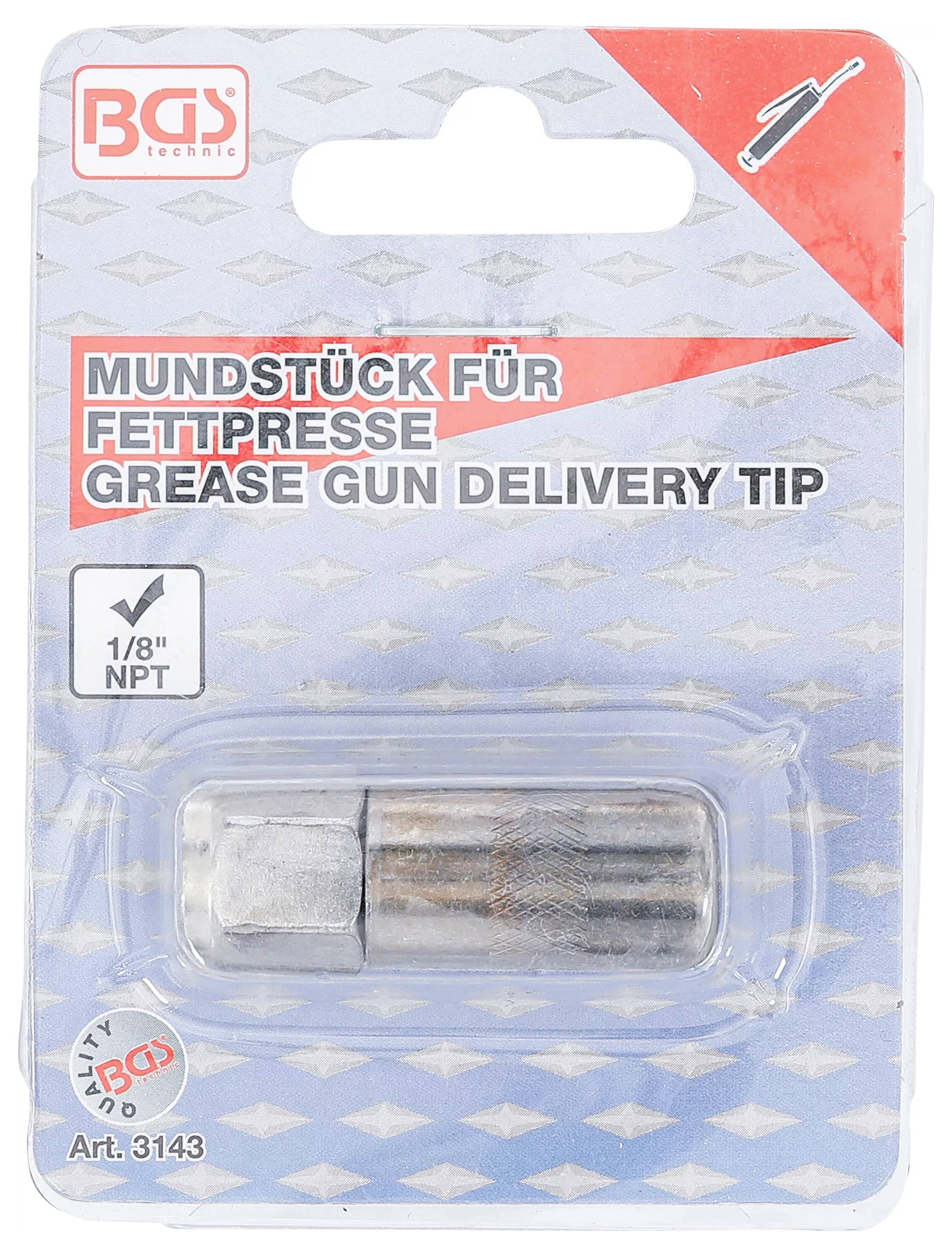 'Fettpresse-Abgabespitze' Verpackung mit sichtbarem Produkt im Inneren. Der Text lautet ebenfalls '1/8" NPT' und 'Art. 3143' von BGS technic.