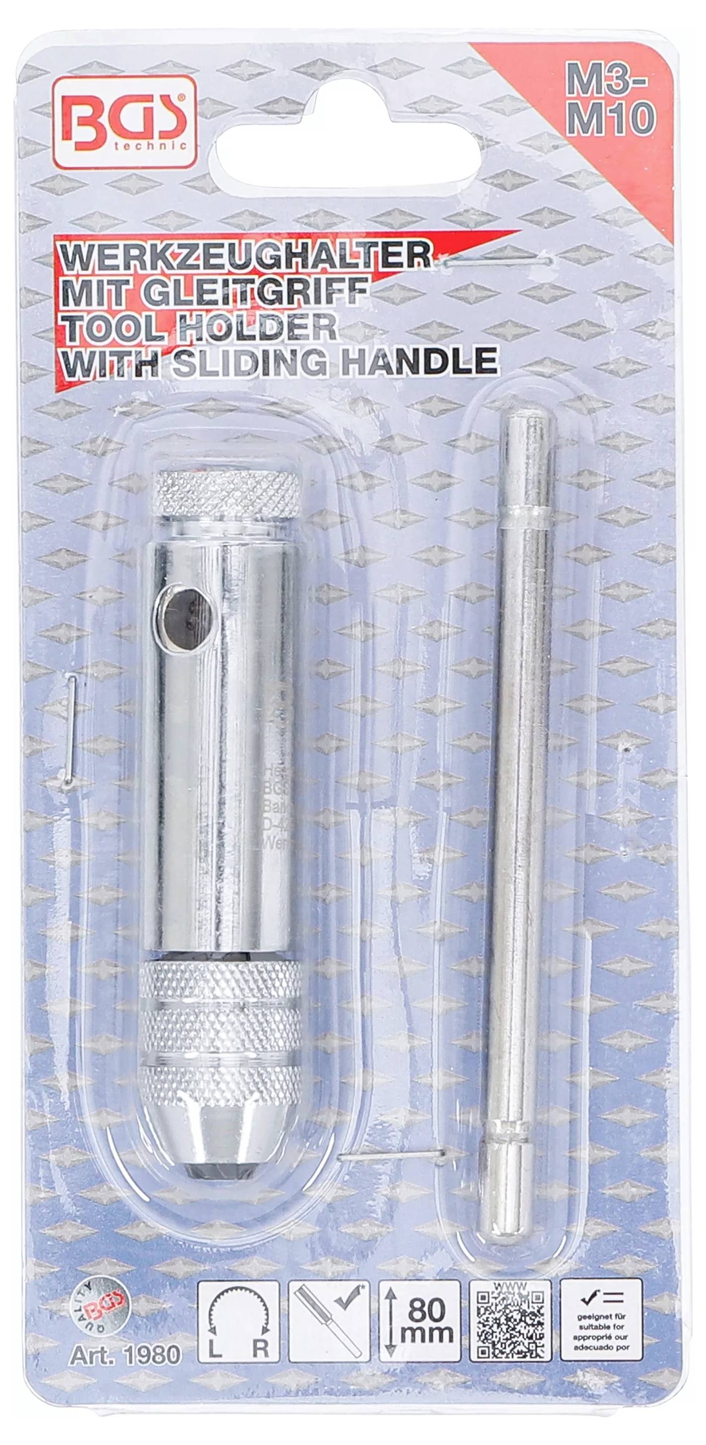 „Werkzeughalter mit Schiebegriff" von BGS Technic, für Größen M3-M10. Enthält einen Metallwerkzeughalter und Schiebegriff, verpackt auf einer Displaykarte.