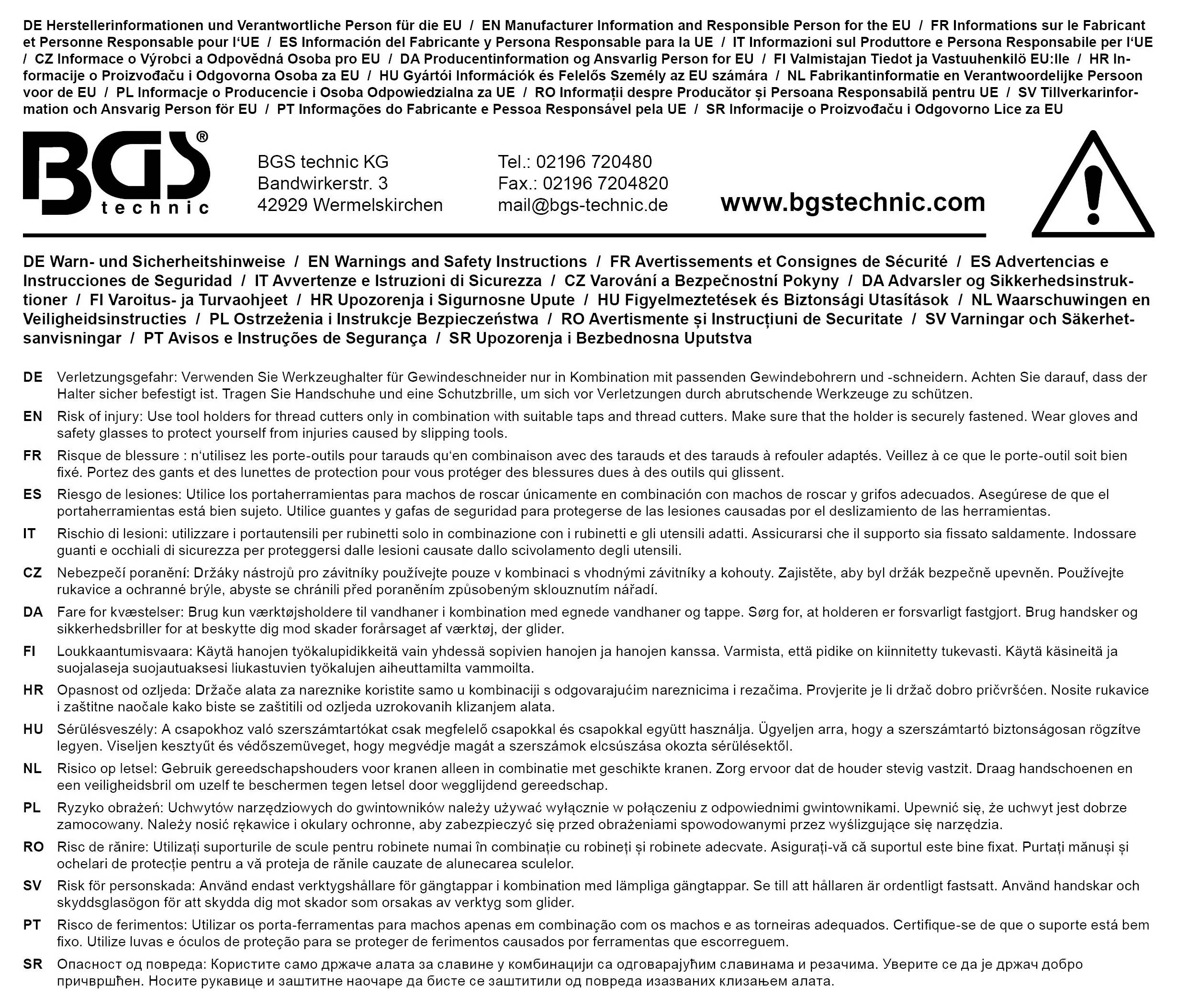 Hersteller- und EU-Vertreterinformationen, Sicherheitsanweisungen und Warnhinweise in mehreren Sprachen. Kontaktdaten: BGS technic KG, Deutschland.