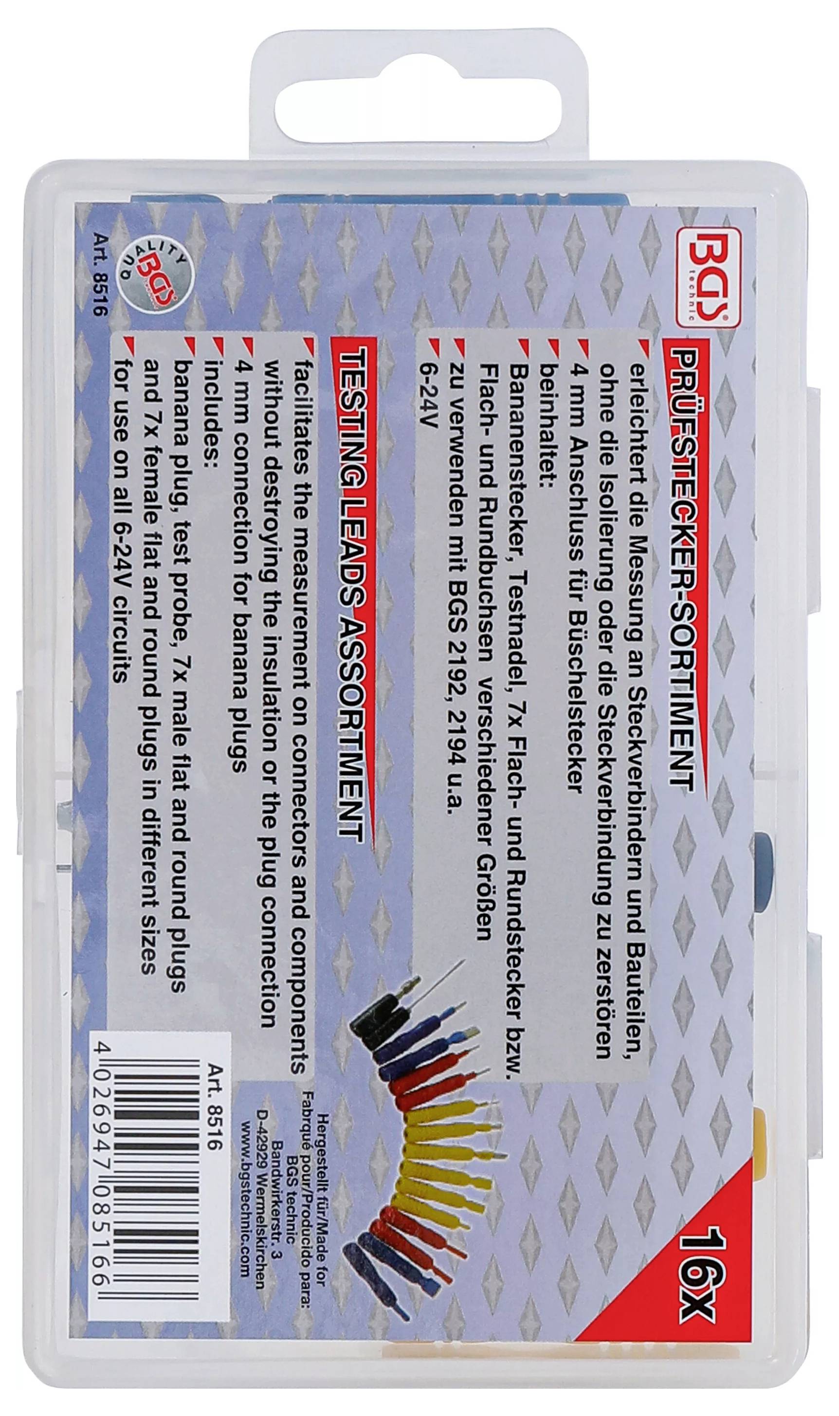 Paket mit 16 Testsonden mit Spezifikationen in deutscher Sprache für Elektromessungen und Leitfähigkeitsprüfungen.