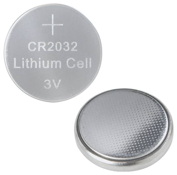 Zwei silberfarbene CR2032-Lithiumzellen, eine mit der Aufschrift „CR2032 Lithium Cell 3V" beschriftet, werden zur Stromversorgung von kleinen elektronischen Geräten verwendet.