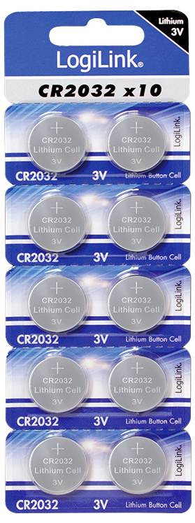 „LogiLink CR2032 Lithium-Knopfzellenbatterie, 3V, 10er-Pack." Die Verpackung ist blau mit zehn silbernen Batterieeinheiten abgebildet.