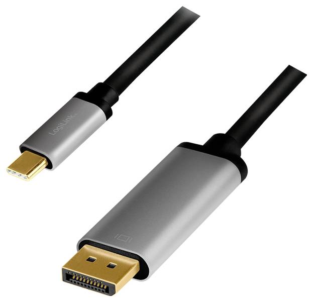 USB-C-auf-DisplayPort-Kabel, das USB-C- und DisplayPort-Anschlüsse an jedem Ende zeigt, wird zum Verbinden von Geräten mit Displays verwendet.
