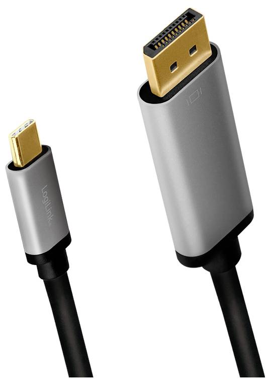 Ein silbernes USB-C-auf-DisplayPort-Kabel mit vergoldetem Stecker, das zum Verbinden von USB-C-Geräten mit DisplayPort-kompatiblen Displays verwendet wird.
