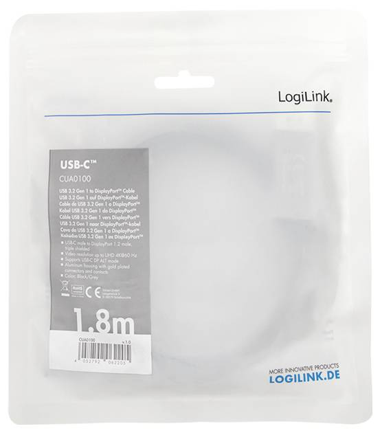 LogiLink USB-C zu DisplayPort Kabel, 1,8m Länge, USB 3.2 Gen 1, in Originalverpackung.