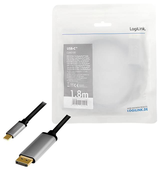 Das Paket "LogiLink USB-C to DisplayPort Kabel, 1,8m" zeigt ein Kabel mit USB-C-Stecker auf der einen Seite und DisplayPort auf der anderen Seite.