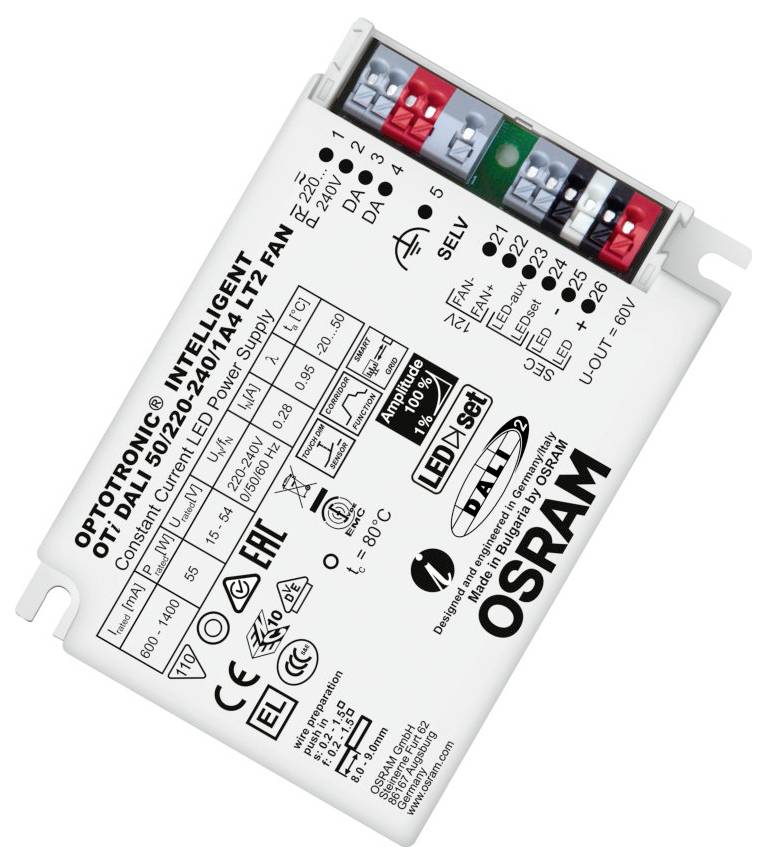 OSRAM Optotronic intelligentes LED-Netzteil, Modell OTi DALI 50/120-240/1A4 LT2 FAN. Funktionen, Spezifikationen und Zertifizierungslogos.