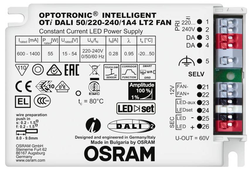 Typenschild der OSRAM Optotronic LED-Stromversorgung, Modell: OTi DALI 50/220-240/1A4 LT2 FAN. Enthält Sicherheitszertifizierungen und elektrische Spezifikationen.