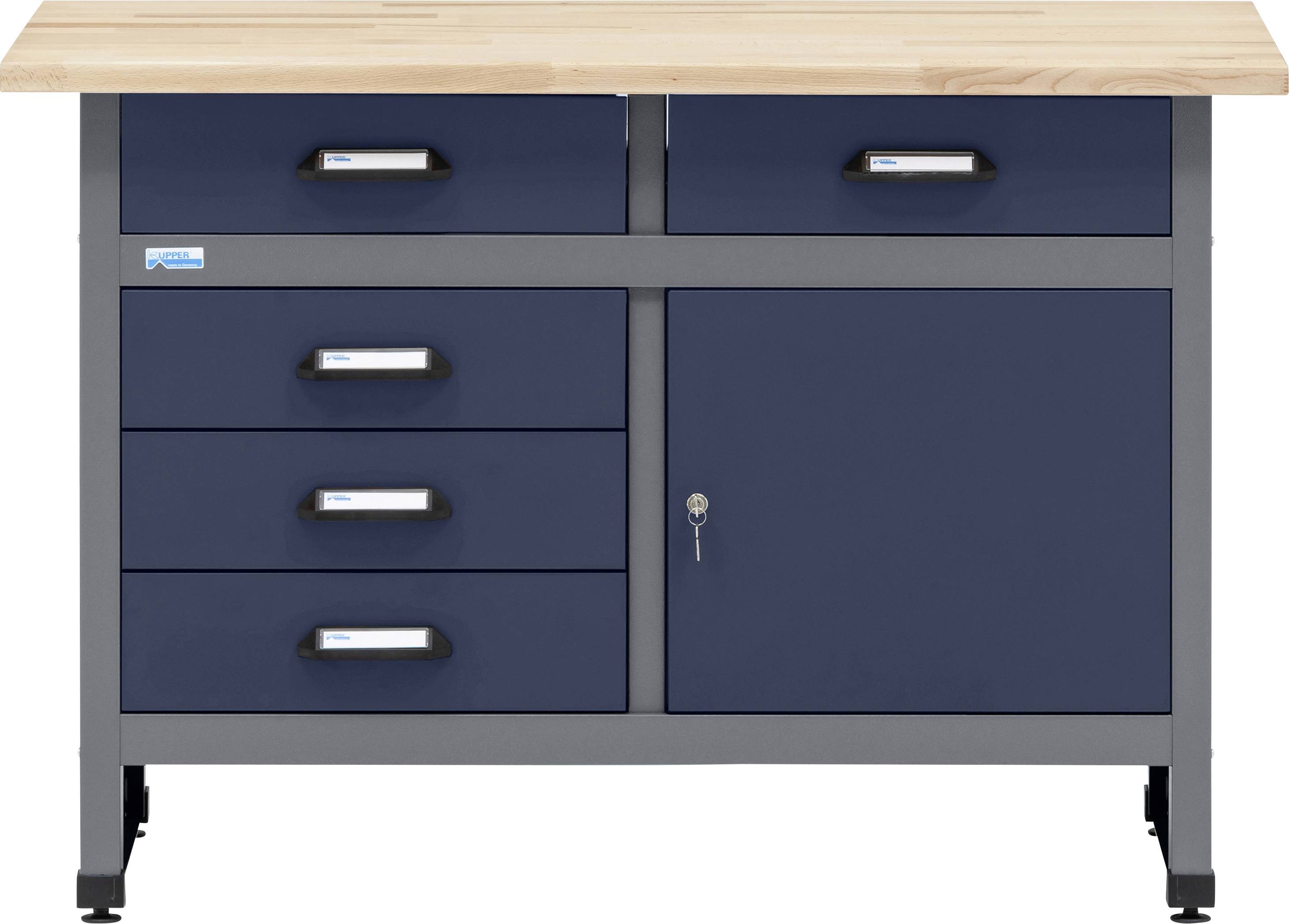 Eine blaue und stahlerne Werkbank mit einer Holzplatte, ausgestattet mit vier Schubladen und einem verschließbaren Schrank. Das Design ist robust und funktional.