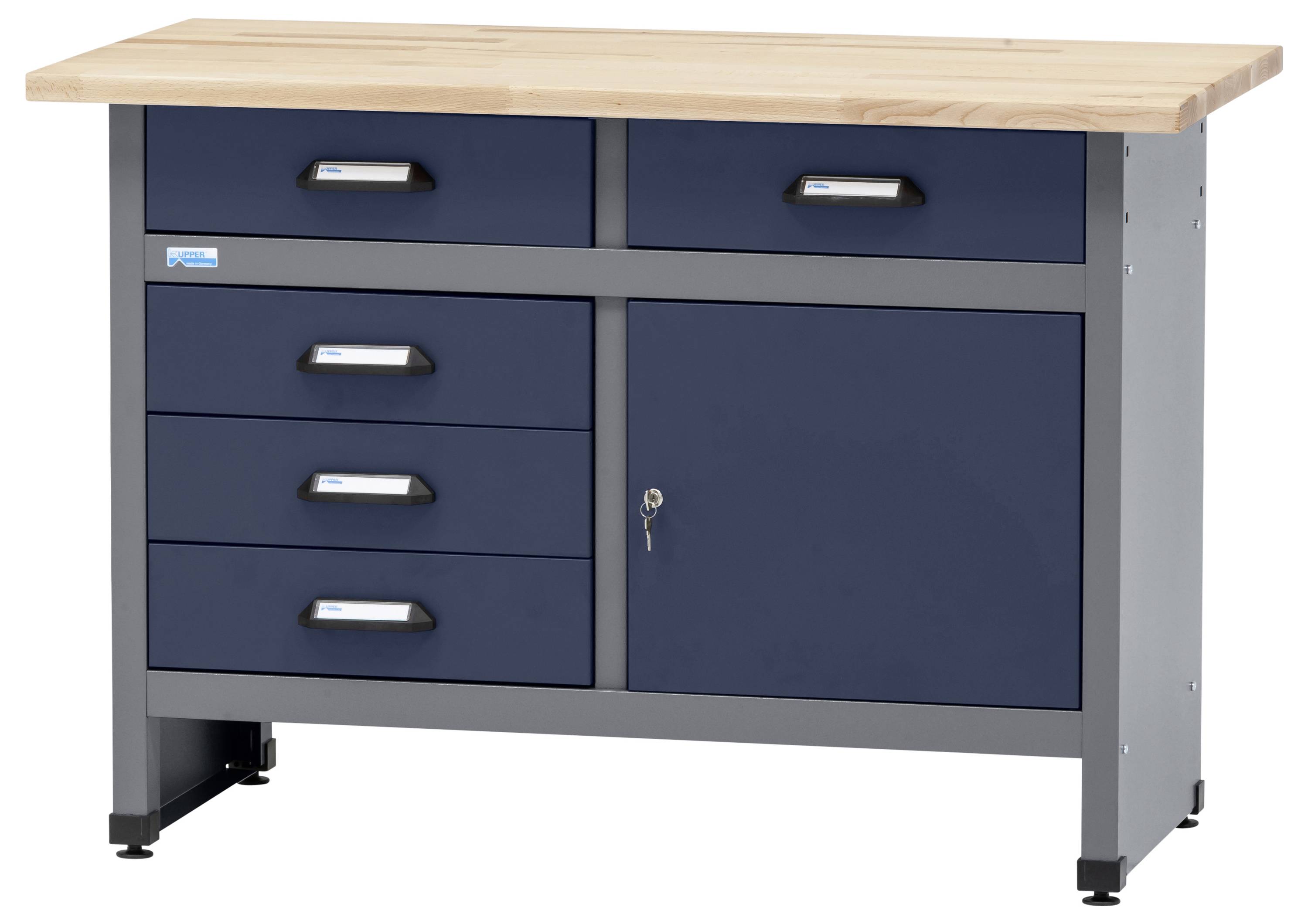 Ein blau und grau gefärbter Werkstattschrank mit einer Holzplatte, bestehend aus zwei oberen Schubladen, drei Seitenschubladen und einer verschließbaren Schranktür.