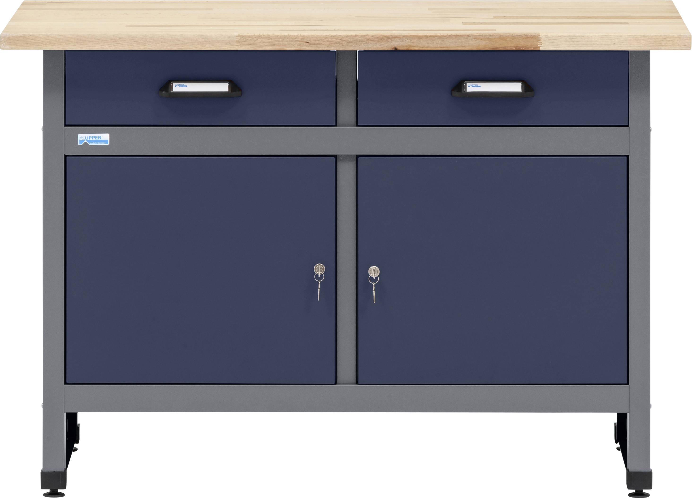 Ein dunkelblau lackierter Metallwerkzeugschrank mit zwei Schubladen und zwei Verriegelungstüren, ausgestattet mit einer Holzarbeitsplatte. Ideal zur organisierten Werkzeuglagerung.