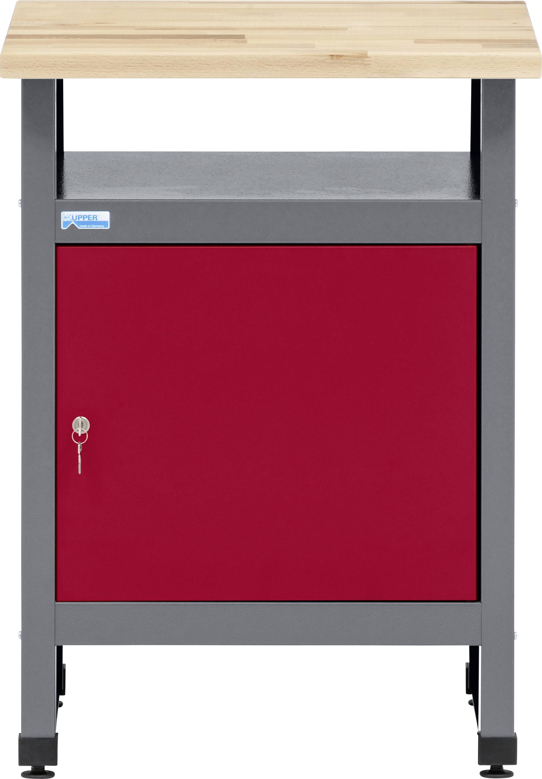 Eine mobile Werkbank mit Holzplatte, rotem verschließbarem Schrank und grauem Metallrahmen, ausgestattet mit Rollen an der Basis für einfache Beweglichkeit.