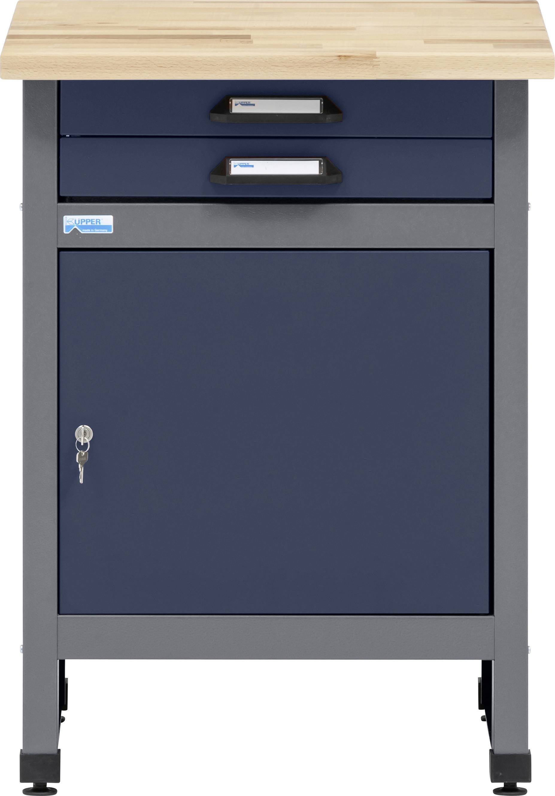 Eine blau und grau gefärbte Werkbank mit einer Holzoberfläche, ausgestattet mit zwei Schubladen und einem verschließbaren Schrank, entworfen für die Werkzeuglagerung und den Arbeitsbereich.
