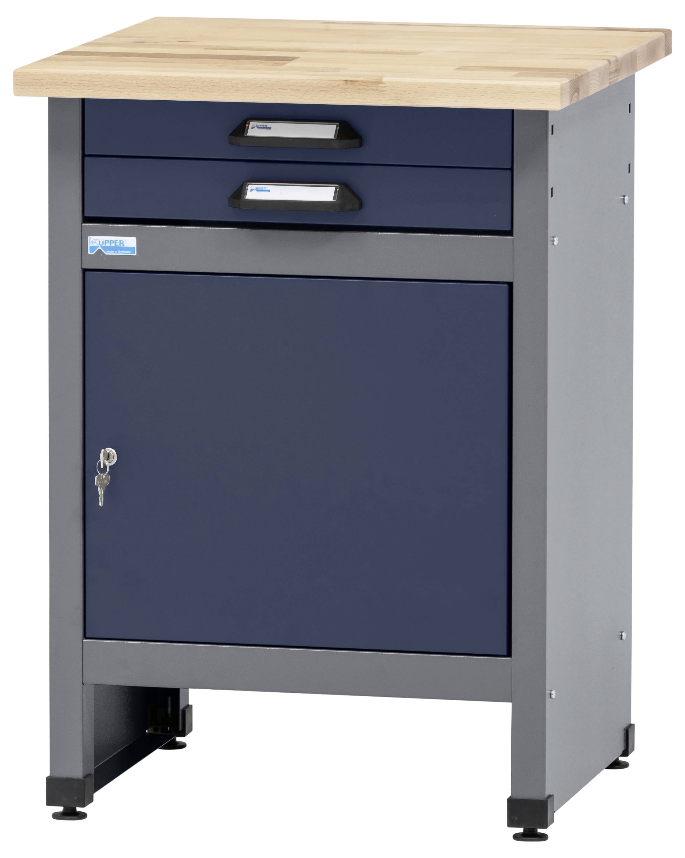 Ein blau und grau gefärbter Metalllagerschrank mit zwei Schubladen und einem abschließbaren unteren Fach, mit einer Holzoberfläche.
