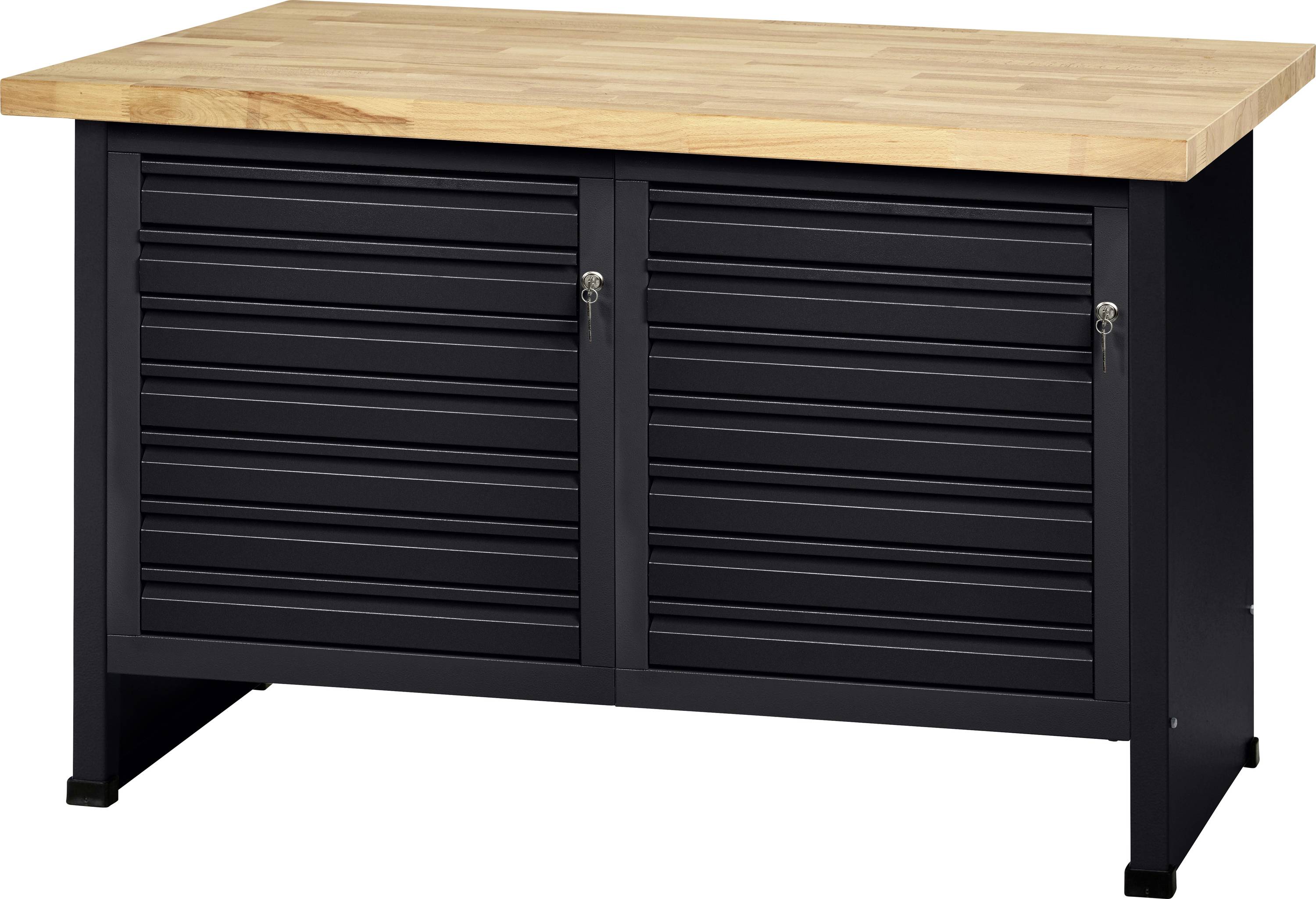 Ein robuster Lagerschrank mit Holzplatte und schwarzem Metallgestell, ausgestattet mit zwei sicheren Doppeltürfächern.