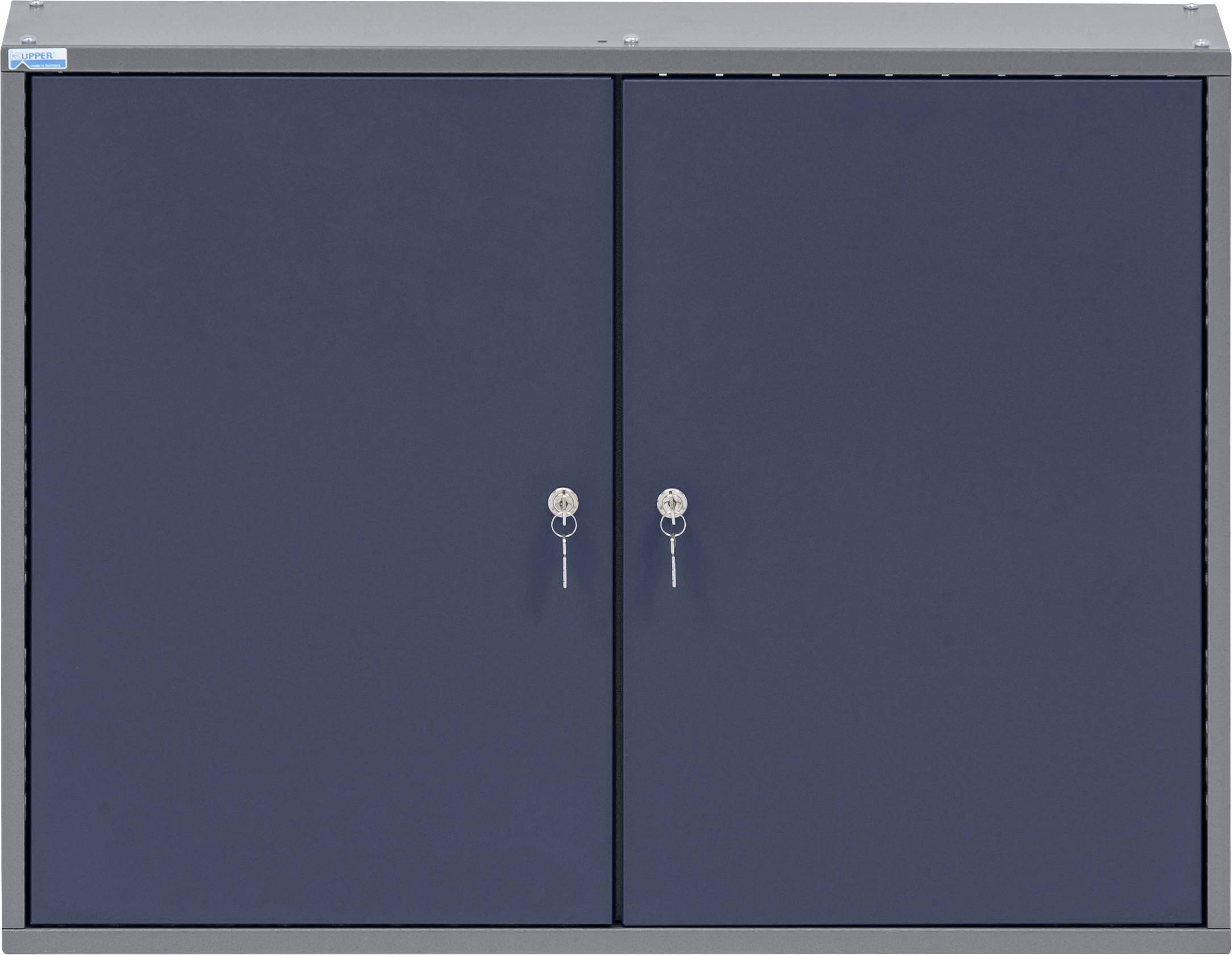 Ein blauer Metallschrank mit zwei Türen, jede mit einem Griff und einem Schloss, vor einem einfachen weißen Hintergrund.