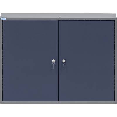 Ein blauer Metallschrank mit zwei Türen, jede mit einem Griff und einem Schloss, vor einem einfachen weißen Hintergrund.