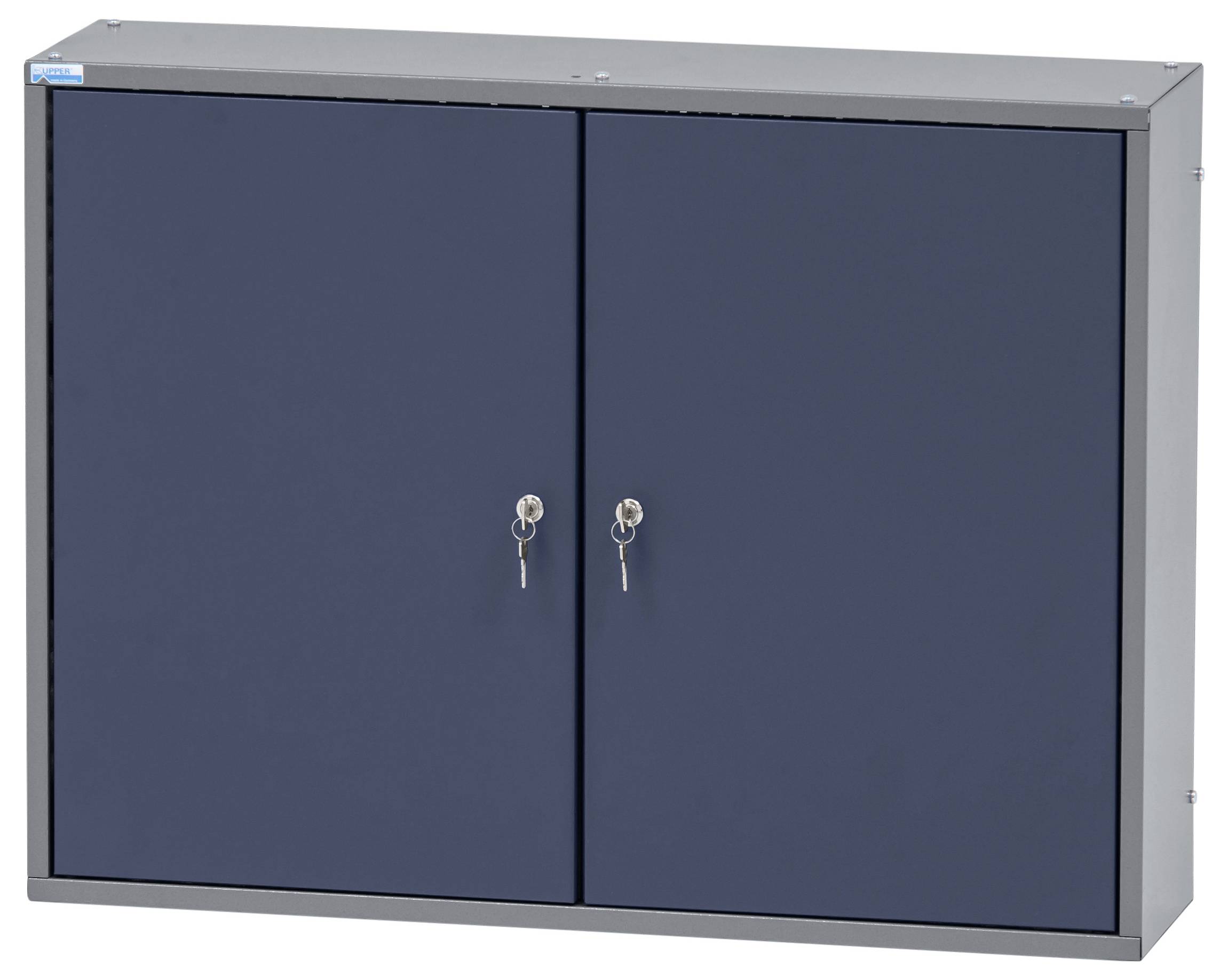 Ein blauer Wandschrank mit zwei Metalltüren, jede mit einem Schloss ausgestattet. Geeignet für sichere Lagerung in einem Büro- oder Werkstattumgebung.