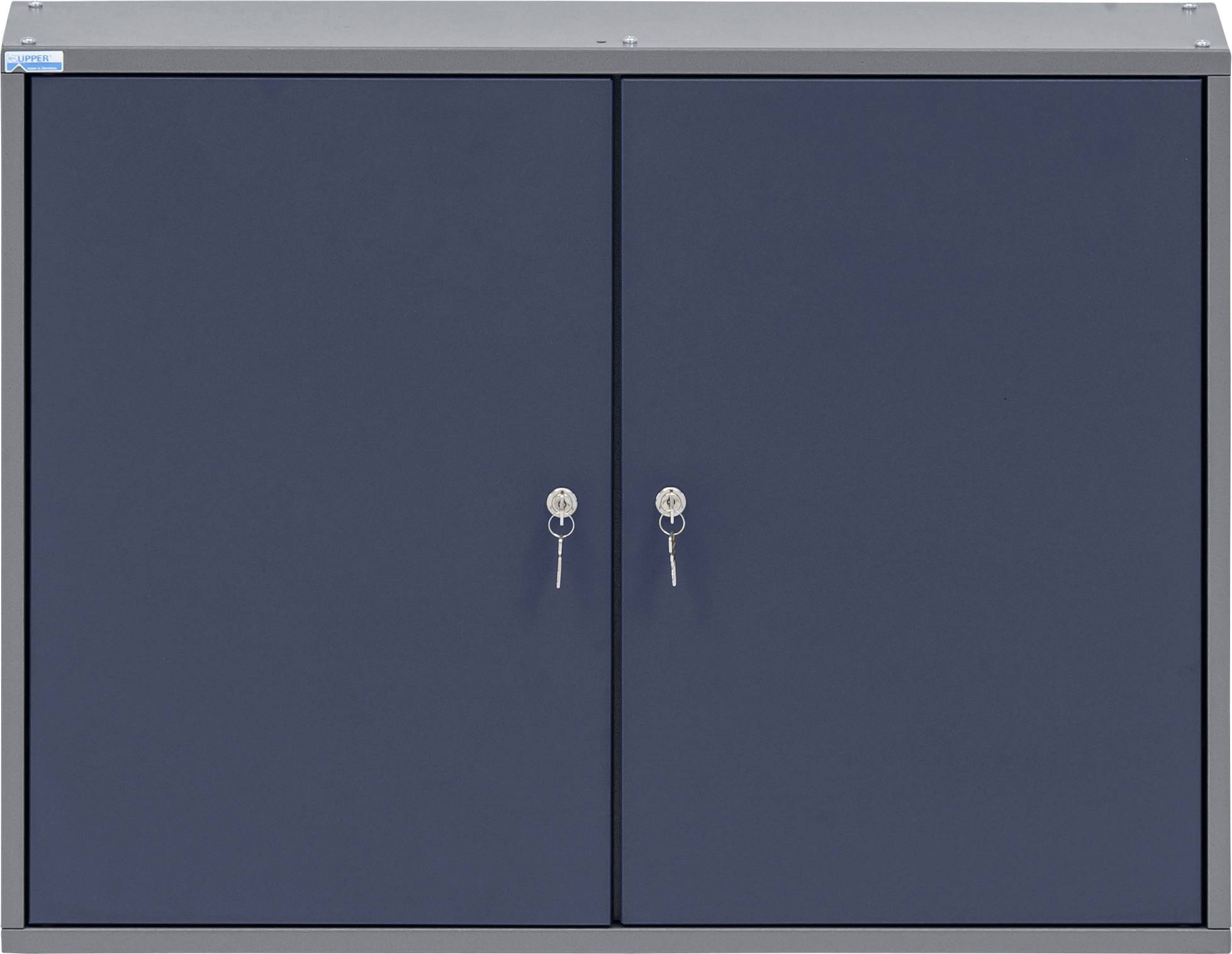 Ein kleiner, dunkelblauer, zweittüriger Metallschrank mit Schlössern, von vorne betrachtet.