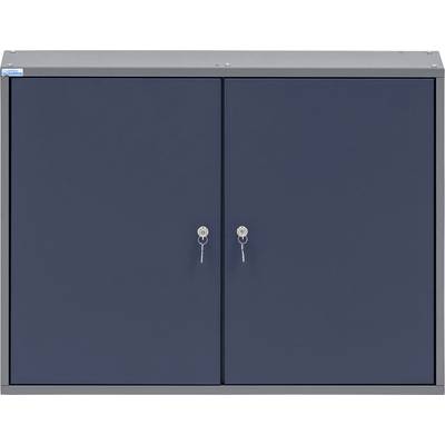 Ein kleiner, dunkelblauer, zweittüriger Metallschrank mit Schlössern, von vorne betrachtet.