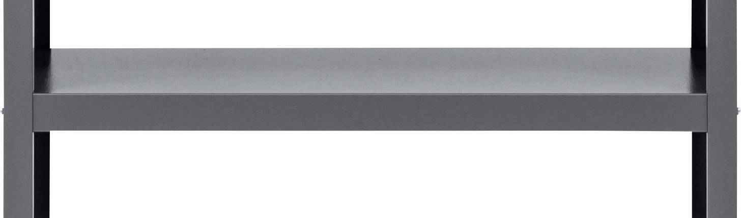 Ein graues Regal mit Metallbeinen und einer flachen Oberfläche, aus gerader Perspektive betrachtet, wobei sein einfaches und minimalistisches Design betont wird.