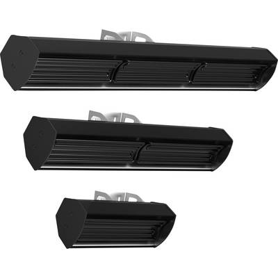Drei schwarze Industrieheizgeräte unterschiedlicher Größen vertikal angeordnet, die ein elegantes, modernes Design für mögliche kommerzielle Verwendung zeigen.