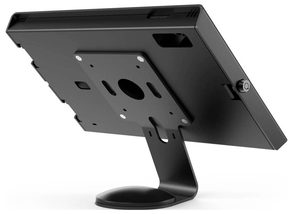 Ein schwarzer, flacher Flachbildschirm-Monitor mit robustem Ständer von hinten betrachtet, zeigt Montagehardware und Anschlüsse, wahrscheinlich für Anzeigazwecke verwendet.