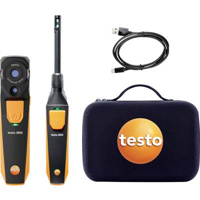 Testo Infrarotthermometer, Hygrometer-Sonde, USB-Kabel und Tragekoffer mit 'testo'-Logo.