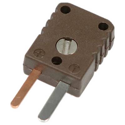 Ein brauner Thermoelement-Stecker mit einer Schraube in der Mitte, versehen mit zwei Stiften; einer ist aus Kupfer und der andere ist aus Silber.