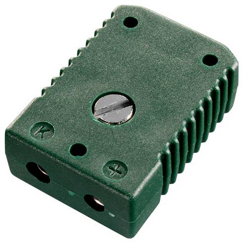 Ein grüner Thermoelement-Stecker mit zwei Kontakten, die mit „K" und „+" gekennzeichnet sind, mit einer zentralen Schraube zum Sichern von Verbindungen.