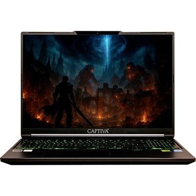 Der Laptop-Bildschirm zeigt ein Fantasy-Videospiel mit der Silhouette eines Kriegers, der ein Schwert hält und vor einer feurigen, geheimnisvollen Landschaft steht.