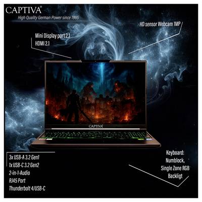 Ein Laptop mit beleuchtetem Hintergrund auf dem Bildschirm. Beschriftungen zeigen Anschlüsse und Funktionen wie HD-Webcam und USB-Anschlüsse.