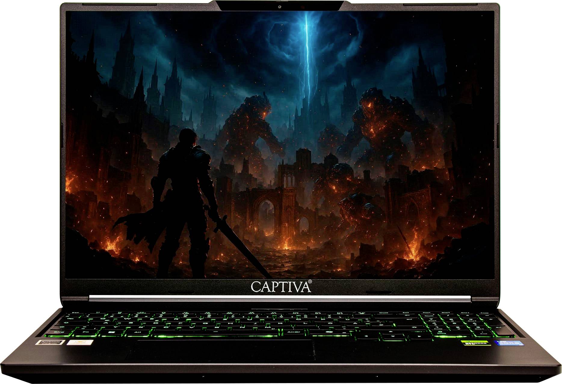 Ein Laptop zeigt eine Fantasy-Spielszene mit der Silhouette eines Kriegers, der ein Schwert hält und vor einer feurigen, zerstörten Stadtlandschaft steht.
