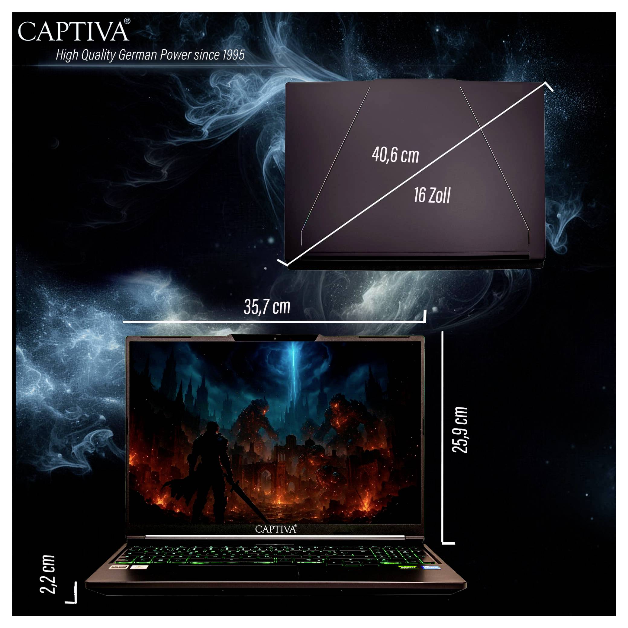 'CAPTIVA' Laptop-Abbildung mit Bildschirmdarstellung eines Videospiels. Maße: Bildschirm 40,6 cm (16 Zoll), Gehäusestärke 2,2 cm.