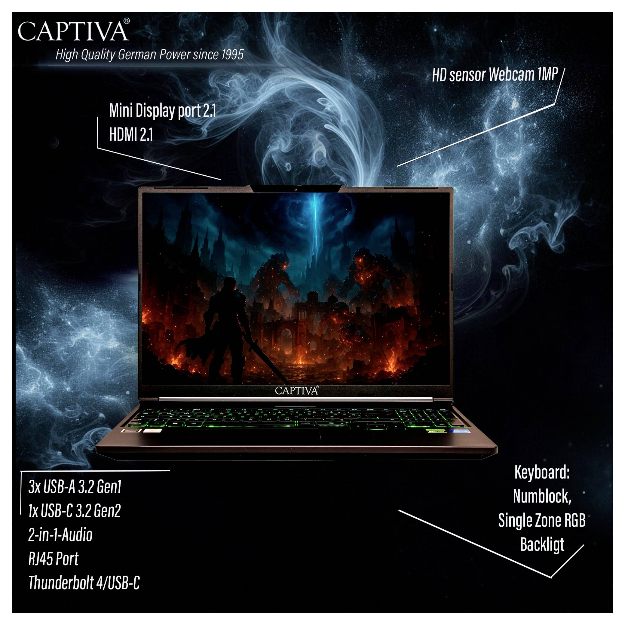 'Captiva Laptop' mit Display 15.6", HD-Webcam, diverse Anschlüsse: 3x USB-A 3.2, USB-C 3.2, Mini Display Port, Thunderbolt 4. Tastatur mit RGB-Beleuchtung.