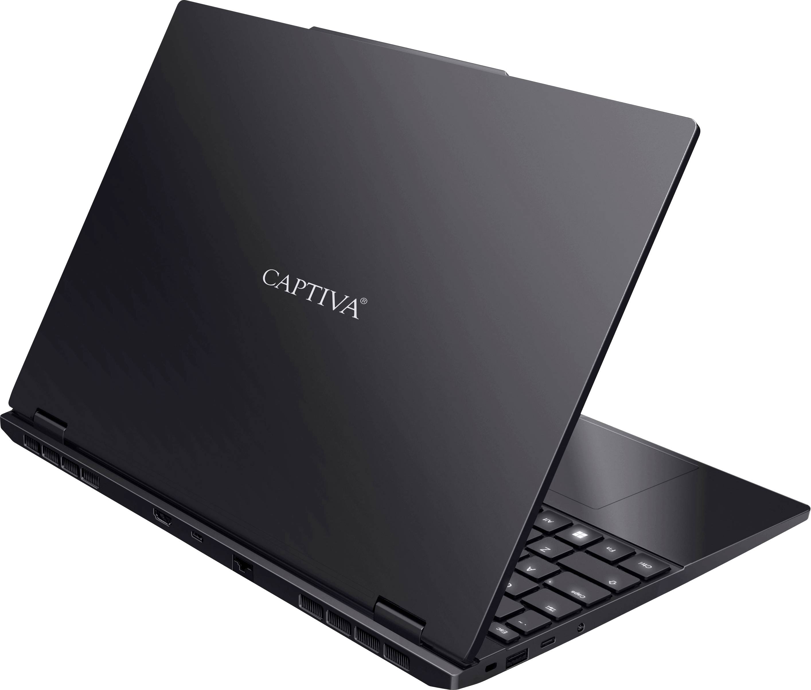 Ein schwarzer Laptop mit dem Markennamen „CAPTIVA" auf der Rückseite des teilweise offenen Bildschirms, aufgenommen aus einer hinteren Seitenansicht.