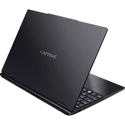 Ein eleganter, schwarzer Laptop mit teilweise geöffnetem Bildschirm, von hinten betrachtet. Der Markenname „CAPTIVA" ist auf dem Deckel sichtbar.