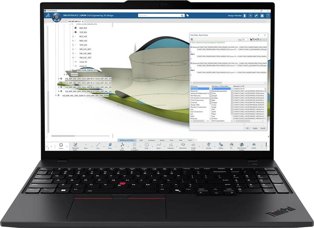 Laptop, auf dem ein 3D-Konstruktions-/CAD-Modell mit einem Navigationsbaum und einem Datenfenster angezeigt wird, mit geschichteten gekrümmten Komponenten auf dem Bildschirm.