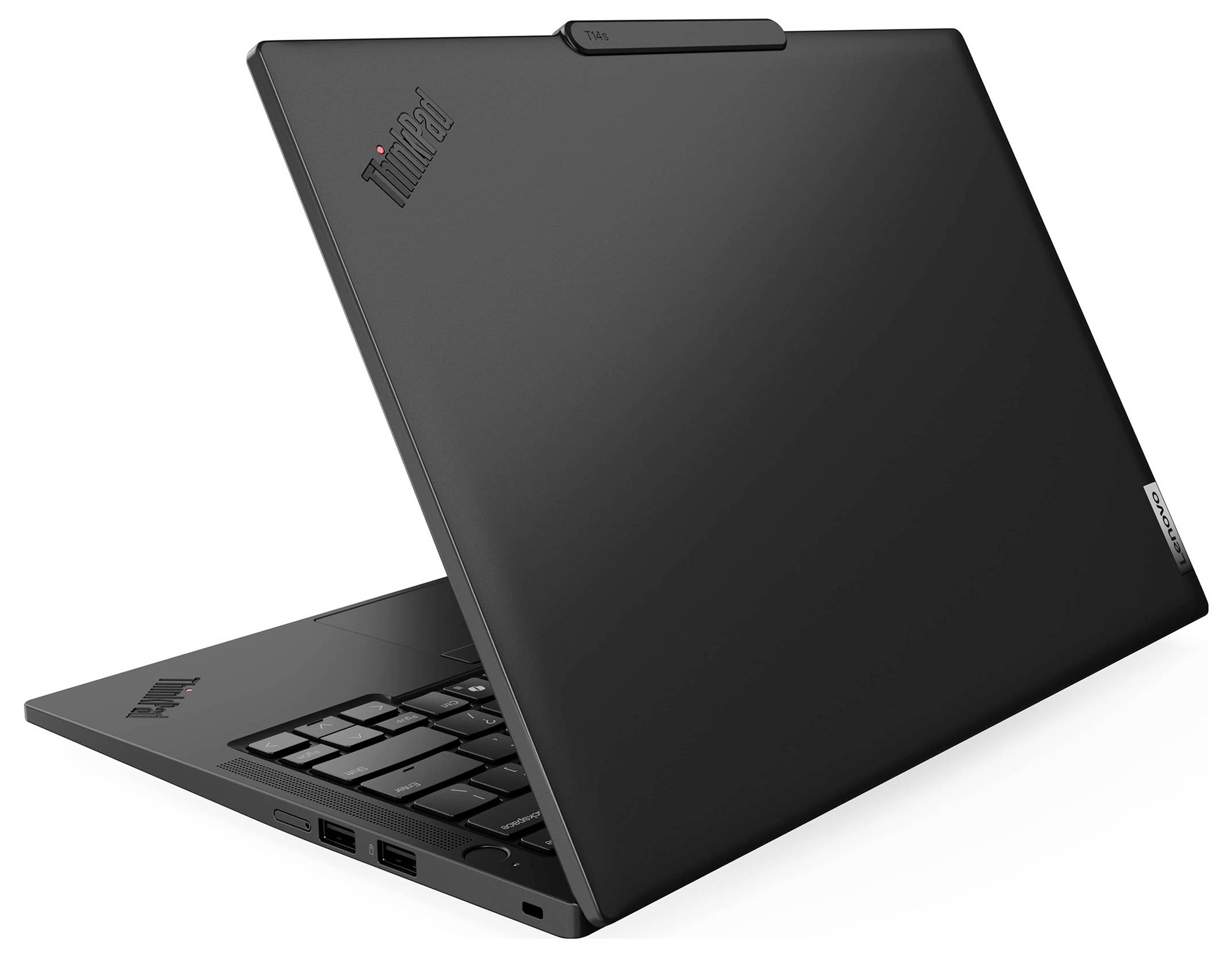Seitenansicht eines geschlossenen schwarzen Laptops, die sein dünnes Profil und die geschichteten Kanten von Deckel und Basis zeigt.