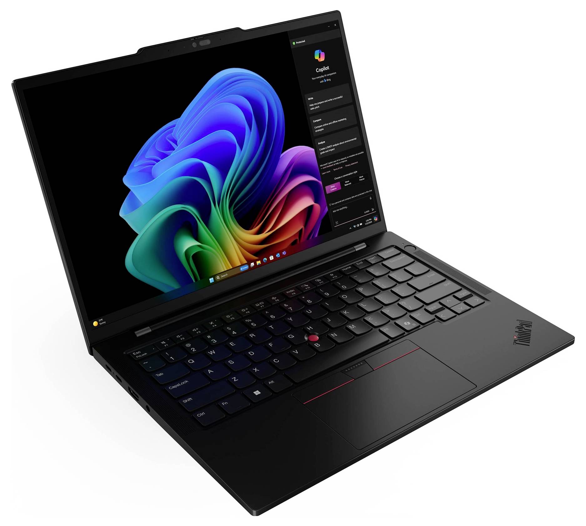 Schwarzer Lenovo ThinkPad-Laptop, aufgeklappt auf weißem Hintergrund, auf dem Bildschirm ein bunter abstrakter Windows-ähnlicher Hintergrund zu sehen.