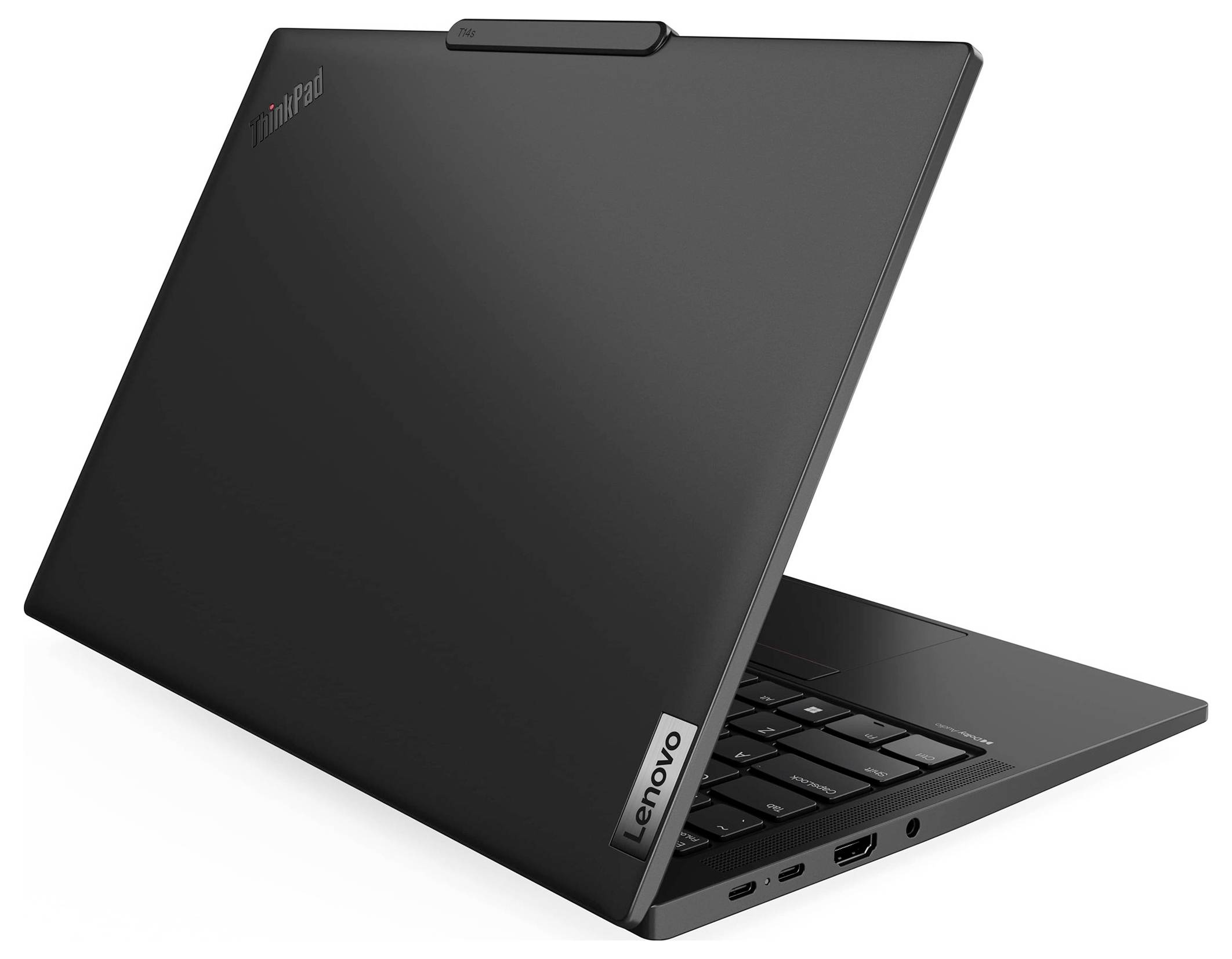 Dünner schwarzer Laptop, von der Seite geöffnet dargestellt, der sein schlankes Profil, die Tastaturplattform und das vertikale Bildschirmgelenk auf weißem Hintergrund hervorhebt.