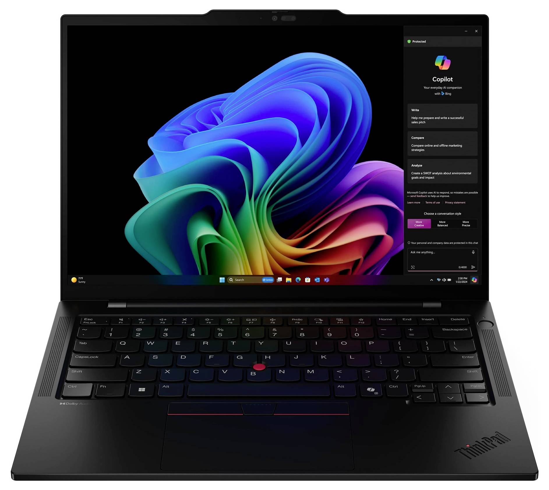 Schwarzer Lenovo ThinkPad-Laptop, der eine bunte Windows-11-Tapete anzeigt, mit geöffneter Copilot-Seitenleiste auf der rechten Seite.
