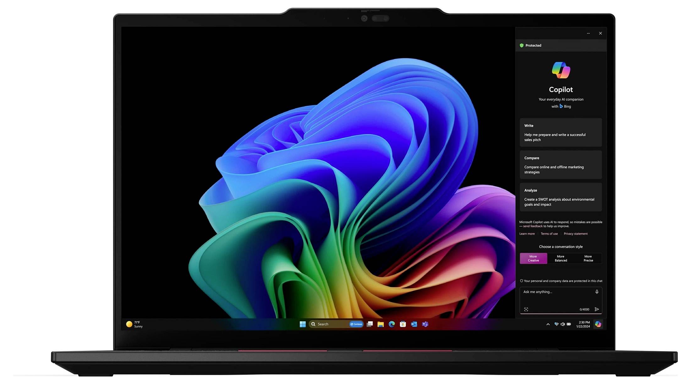 Laptop mit Windows 11, auf dem eine farbenfrohe abstrakte Blumen-Hintergrundbild angezeigt wird, und die Copilot-Seitenleiste ist auf der rechten Seite offen.