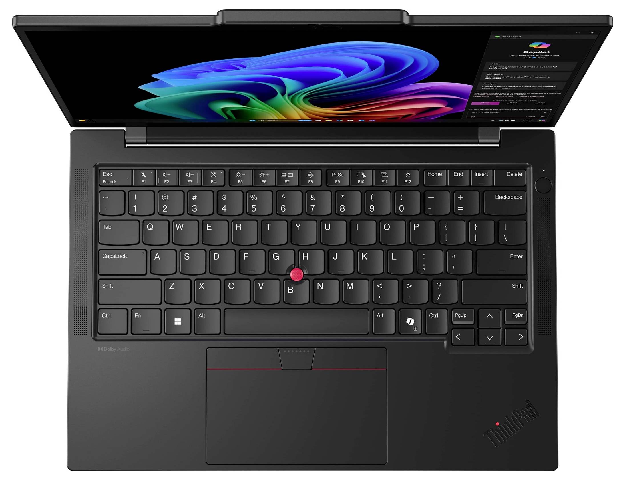 Ein dünner Convertible-Laptop wird im Zeltmodus geöffnet dargestellt, mit einem farbenfrohen abstrakten Blumenhintergrundbild auf dem Bildschirm und einer vollständig sichtbaren Tastatur.