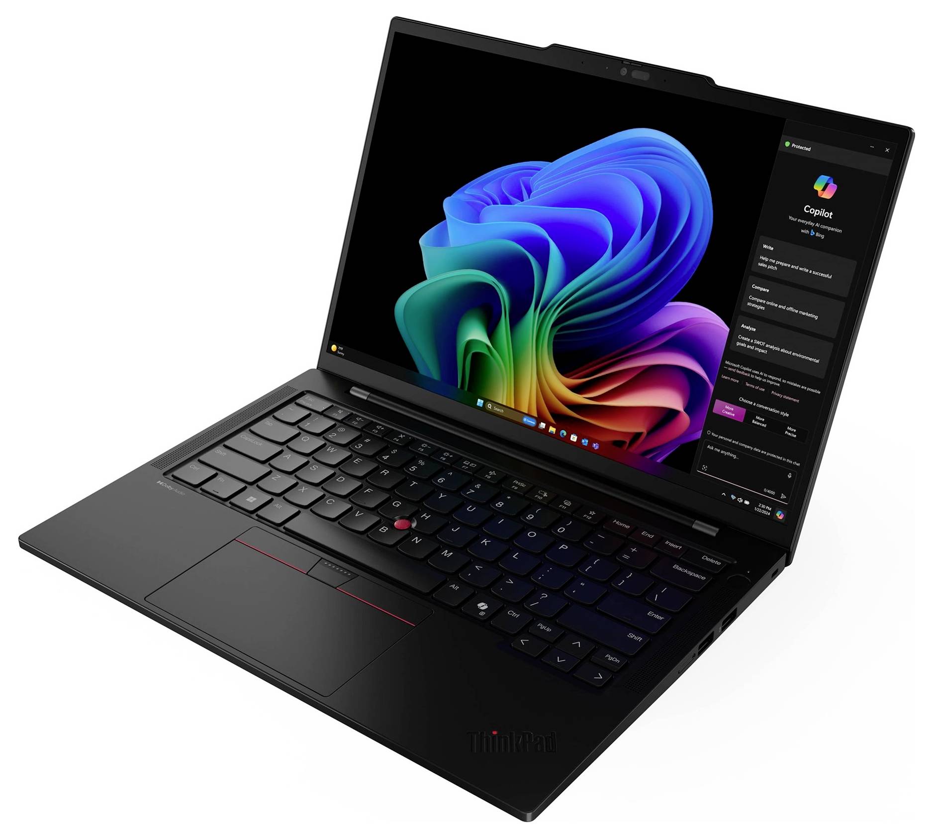 Schwarzer Lenovo ThinkPad-Laptop in einem Winkel offen, zeigt einen bunten Windows 11-Desktop und ein KI-App-Panel auf dem Bildschirm.